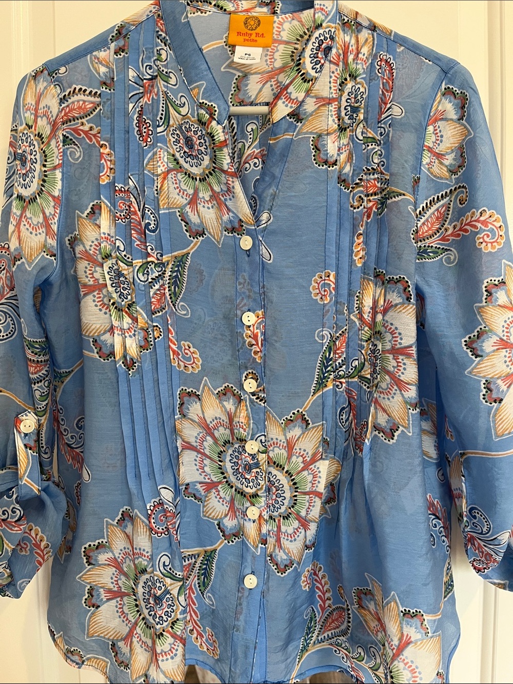 Ruby Rd. Blue Floral Paisley Pintuck Blouse Size PS Rayon/Nylon